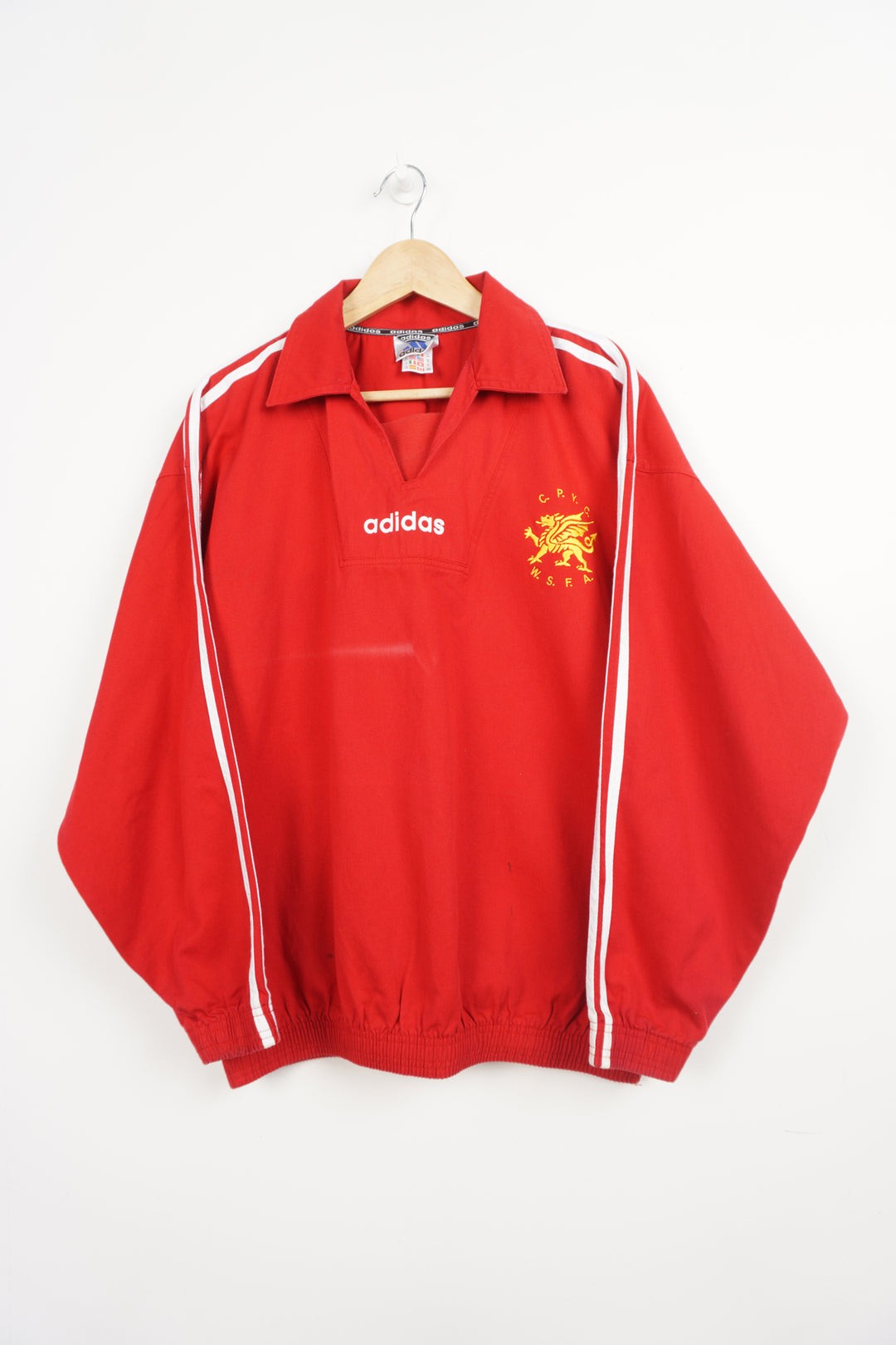 Vintage 90's Adidas x Welsh Schools FA red cotton drill top with embroidered logo on the chest and printed logo on the back