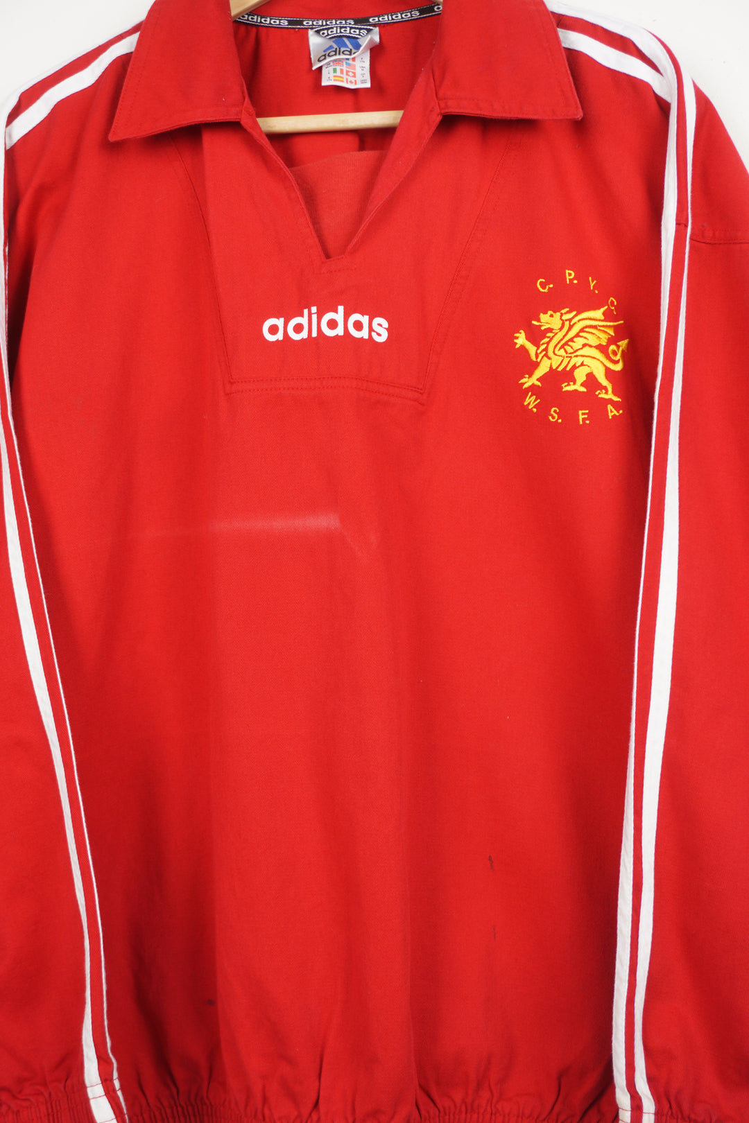 Vintage 90's Adidas x Welsh Schools FA red cotton drill top with embroidered logo on the chest and printed logo on the back