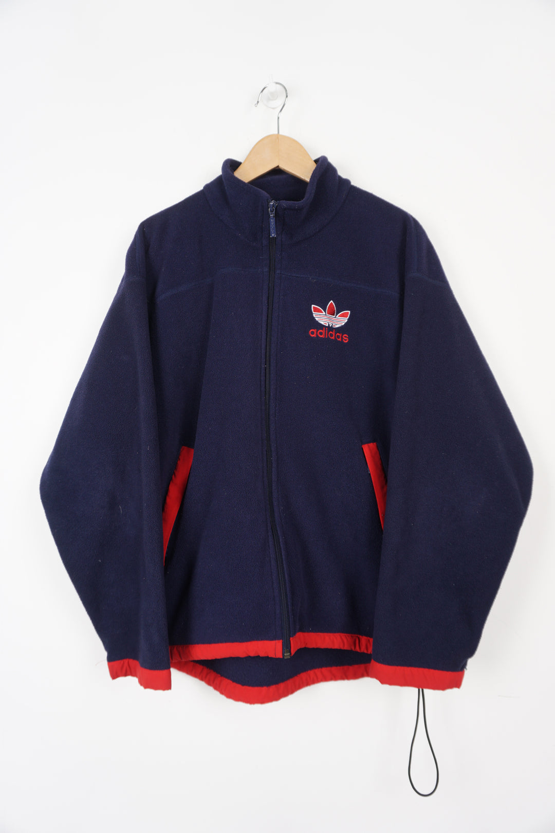 90's navy blue Adidas zip through fleece with embroidered logo on the chest and back