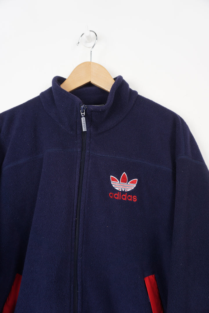 90's navy blue Adidas zip through fleece with embroidered logo on the chest and back