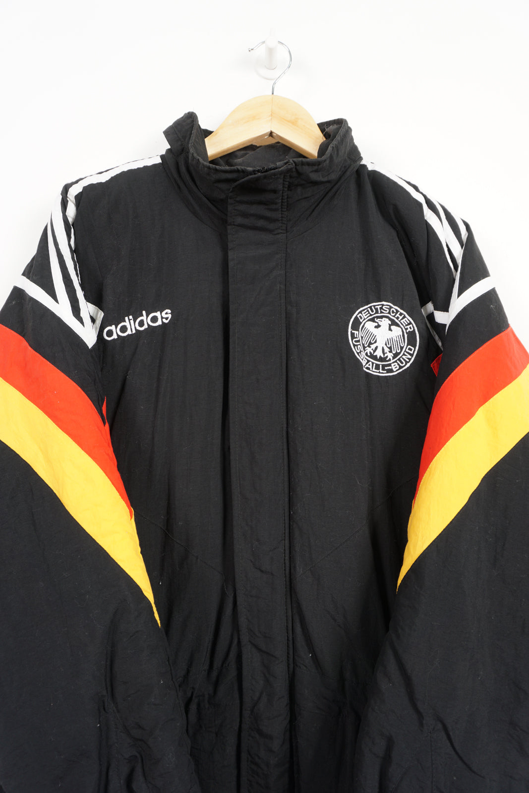 Vintage 1992/94 Adidas Germany bench coat with embroidered logos and badge on the chest and foldaway hood