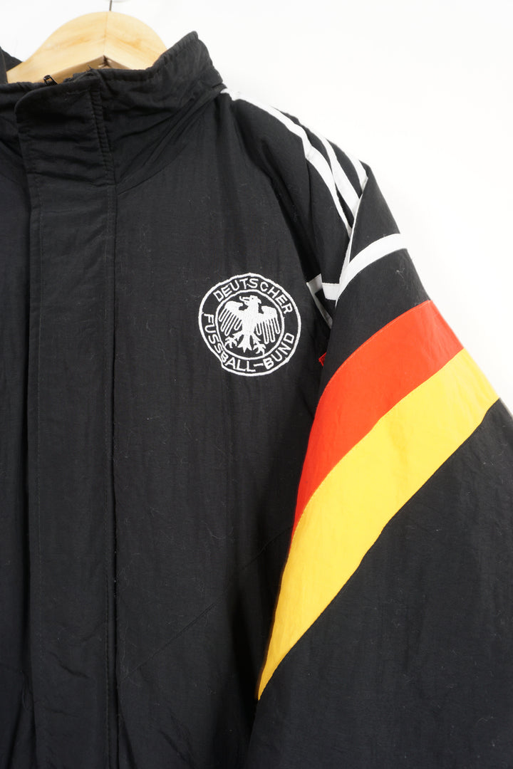 Vintage 1992/94 Adidas Germany bench coat with embroidered logos and badge on the chest and foldaway hood