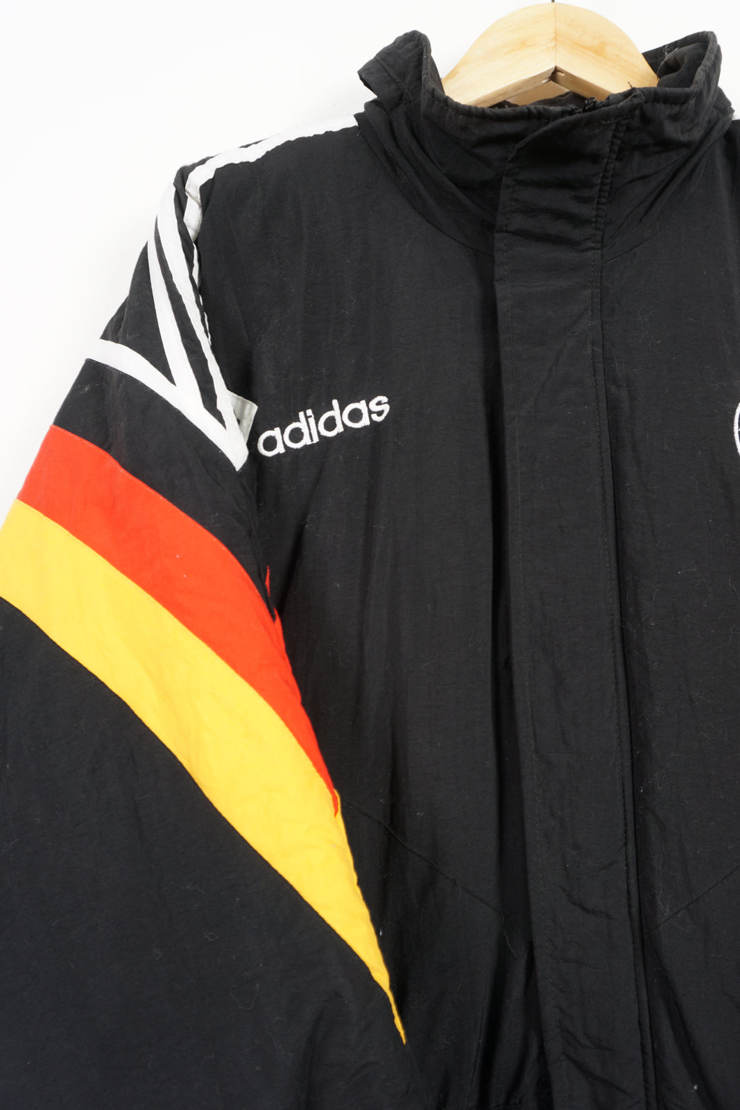 Vintage 1992/94 Adidas Germany bench coat with embroidered logos and badge on the chest and foldaway hood