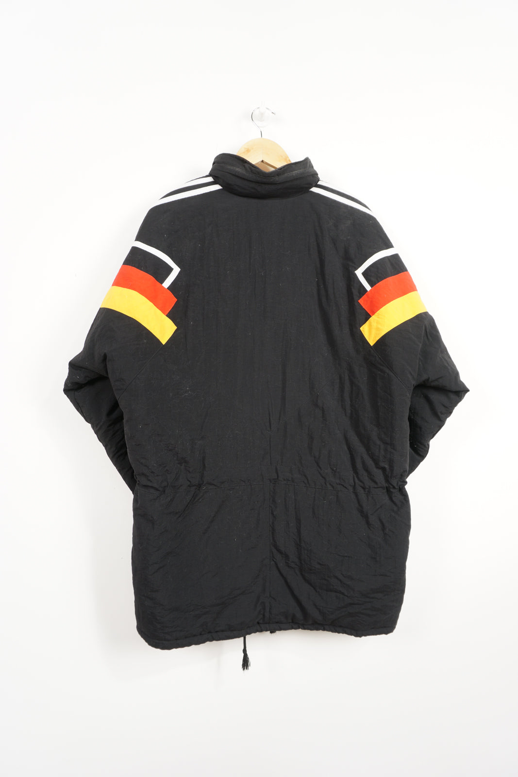 Vintage 1992/94 Adidas Germany bench coat with embroidered logos and badge on the chest and foldaway hood