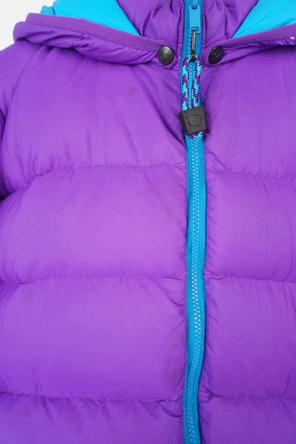 Mountain Equipment light line purple and blue reversible puffer jacket with and logo on front