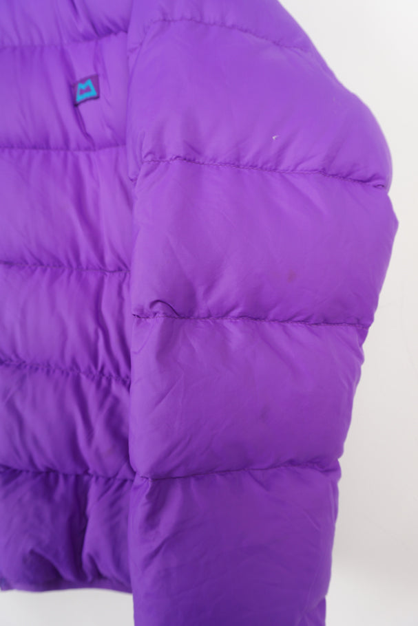 Mountain Equipment light line purple and blue reversible puffer jacket with and logo on front