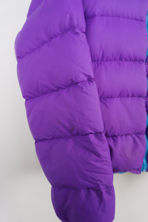 Mountain Equipment light line purple and blue reversible puffer jacket with and logo on front