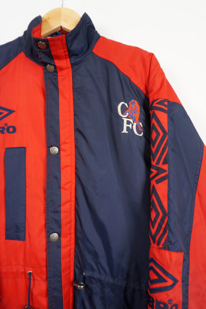 Vintage 90s Chelsea Football Club Umbro bench coat with embroidered logos/badges and drawstring waist