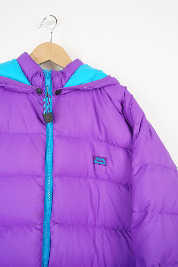 Mountain Equipment light line purple and blue reversible puffer jacket with and logo on front