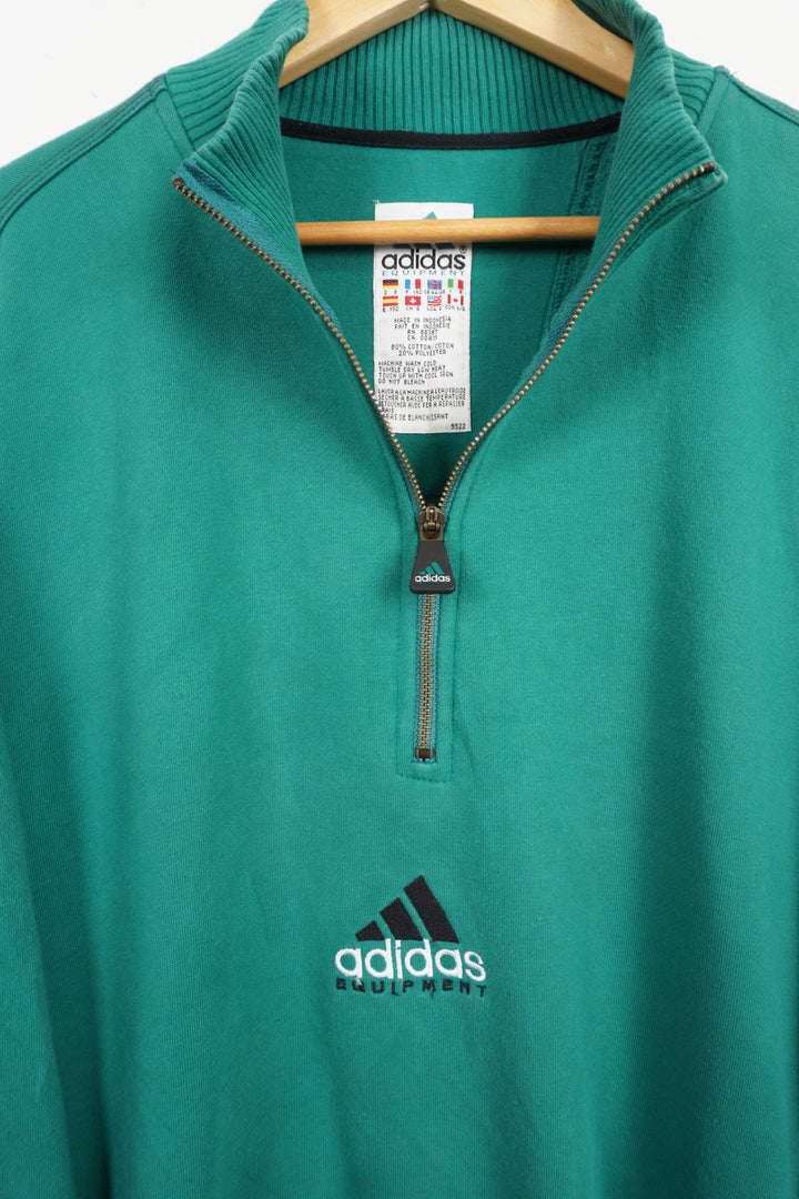 90's Adidas Equipment green 1/4 zip sweatshirt, embroidered logo on the front, and badge on sleeve good condition, small mark of discolouring on front&nbsp; Size in Label: L