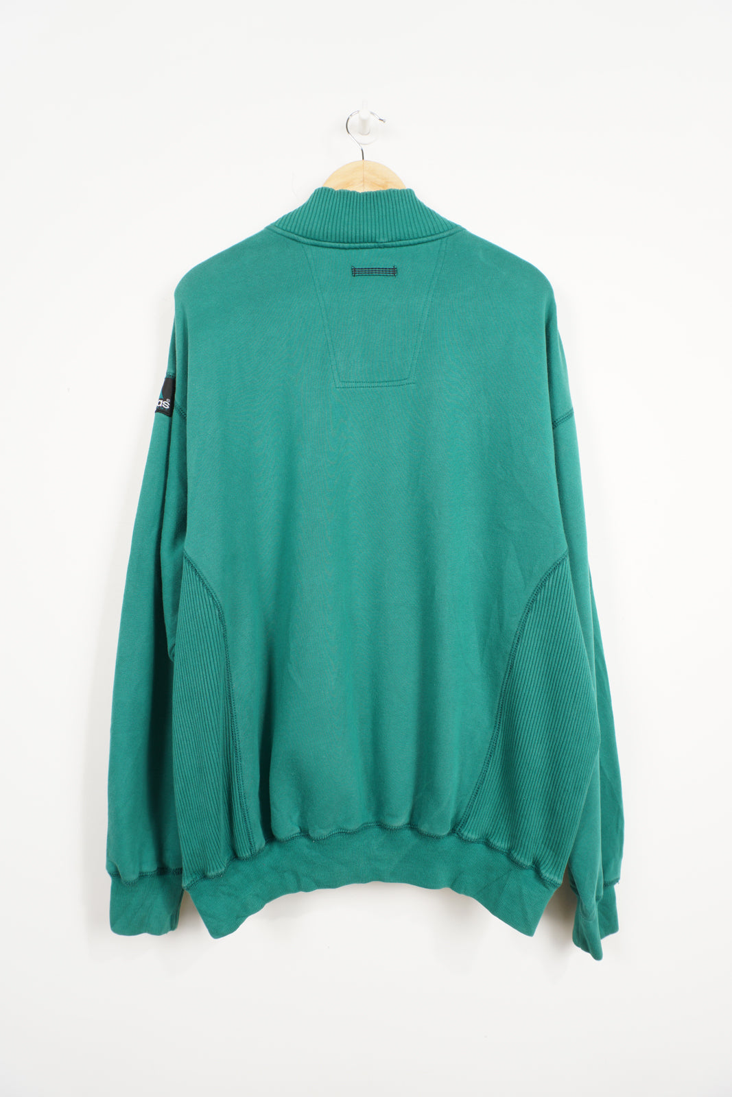 90's Adidas Equipment green 1/4 zip sweatshirt, embroidered logo on the front, and badge on sleeve good condition, small mark of discolouring on front&nbsp; Size in Label: L