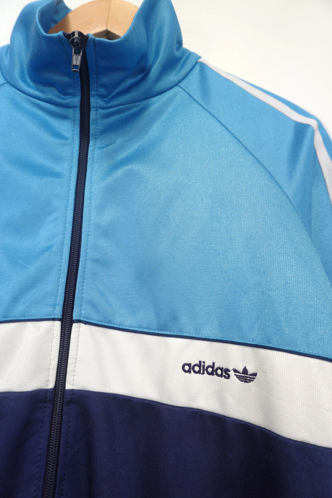 Vintage Adidas Light Blue, Navy and White Tracksuit Top