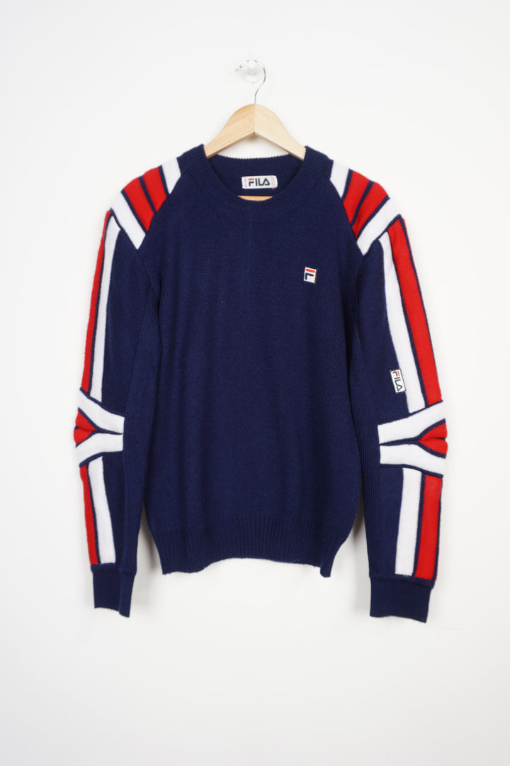 Vintage navy blue colour block Fila knit jumper with embroidered logo on the chest and padded details on the sleeve