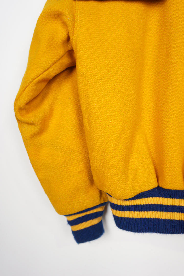 Vintage all yellow wool cheerleading letterman jacket with zip up hood and embroidered lettering