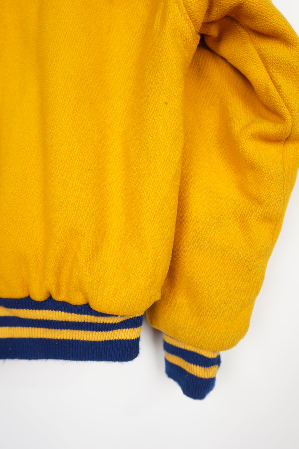 Vintage all yellow wool cheerleading letterman jacket with zip up hood and embroidered lettering