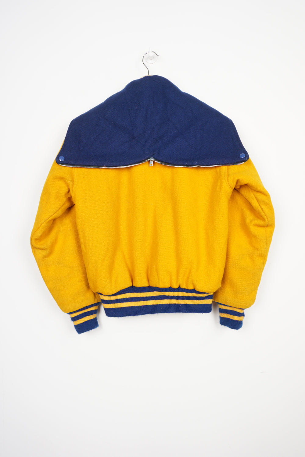 Vintage all yellow wool cheerleading letterman jacket with zip up hood and embroidered lettering