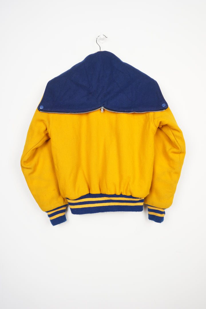 Vintage all yellow wool cheerleading letterman jacket with zip up hood and embroidered lettering