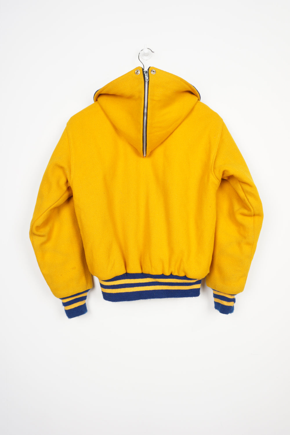 Vintage all yellow wool cheerleading letterman jacket with zip up hood and embroidered lettering