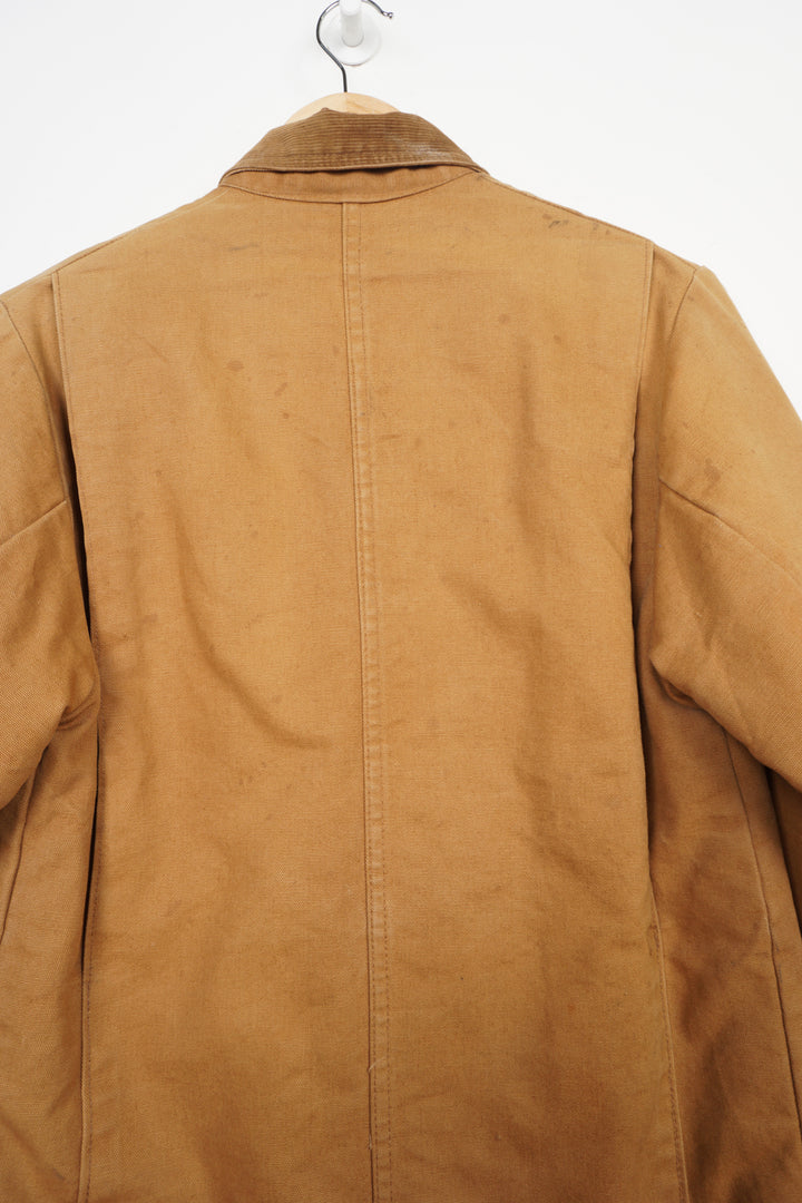 Vintage tan Liberty chore jacket with corduroy collar, multiple pockets and embroidered logo on the front