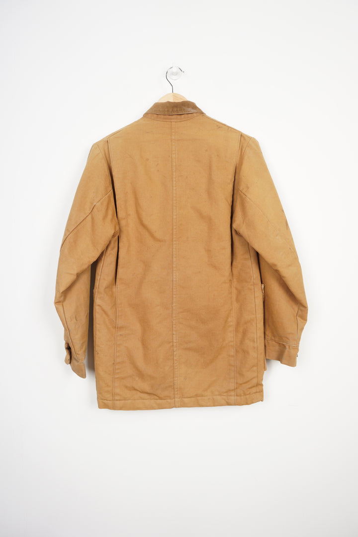 Vintage tan Liberty chore jacket with corduroy collar, multiple pockets and embroidered logo on the front