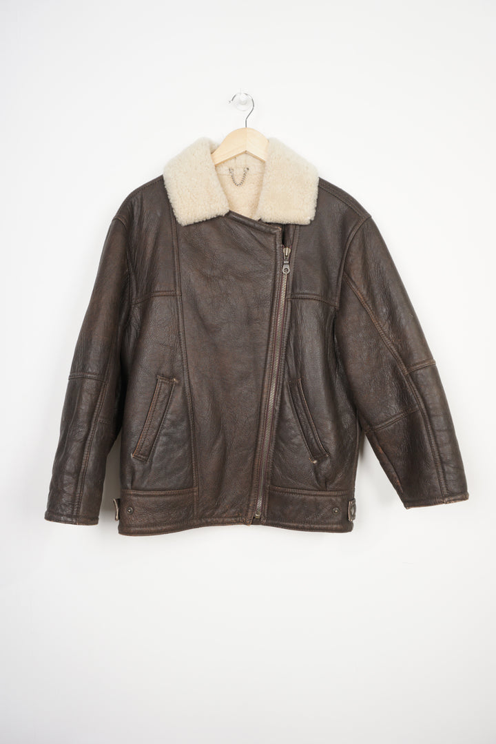 Dark brown Lakeland shearling aviator style leather jacket with buckle details