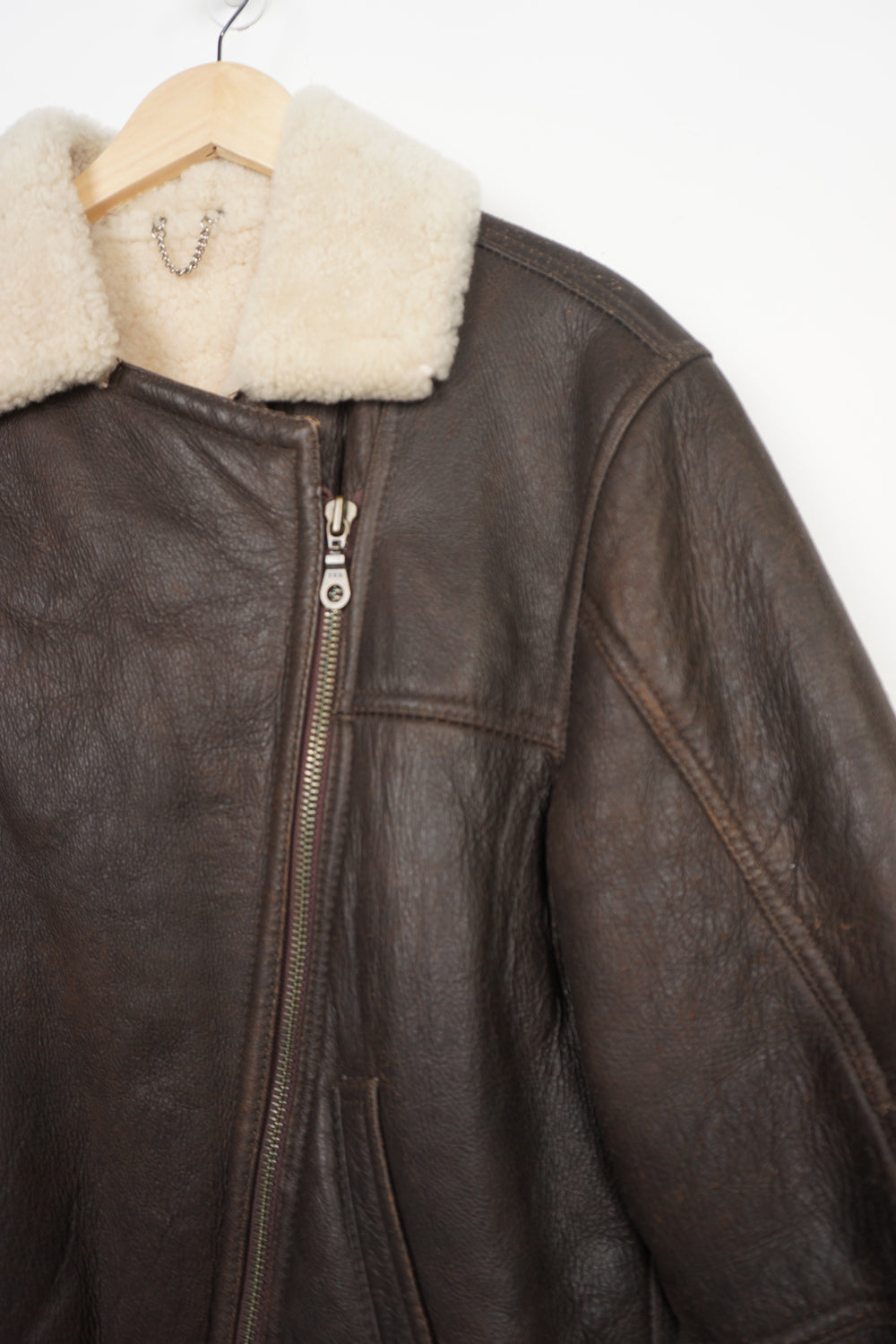 Dark brown Lakeland shearling aviator style leather jacket with buckle details