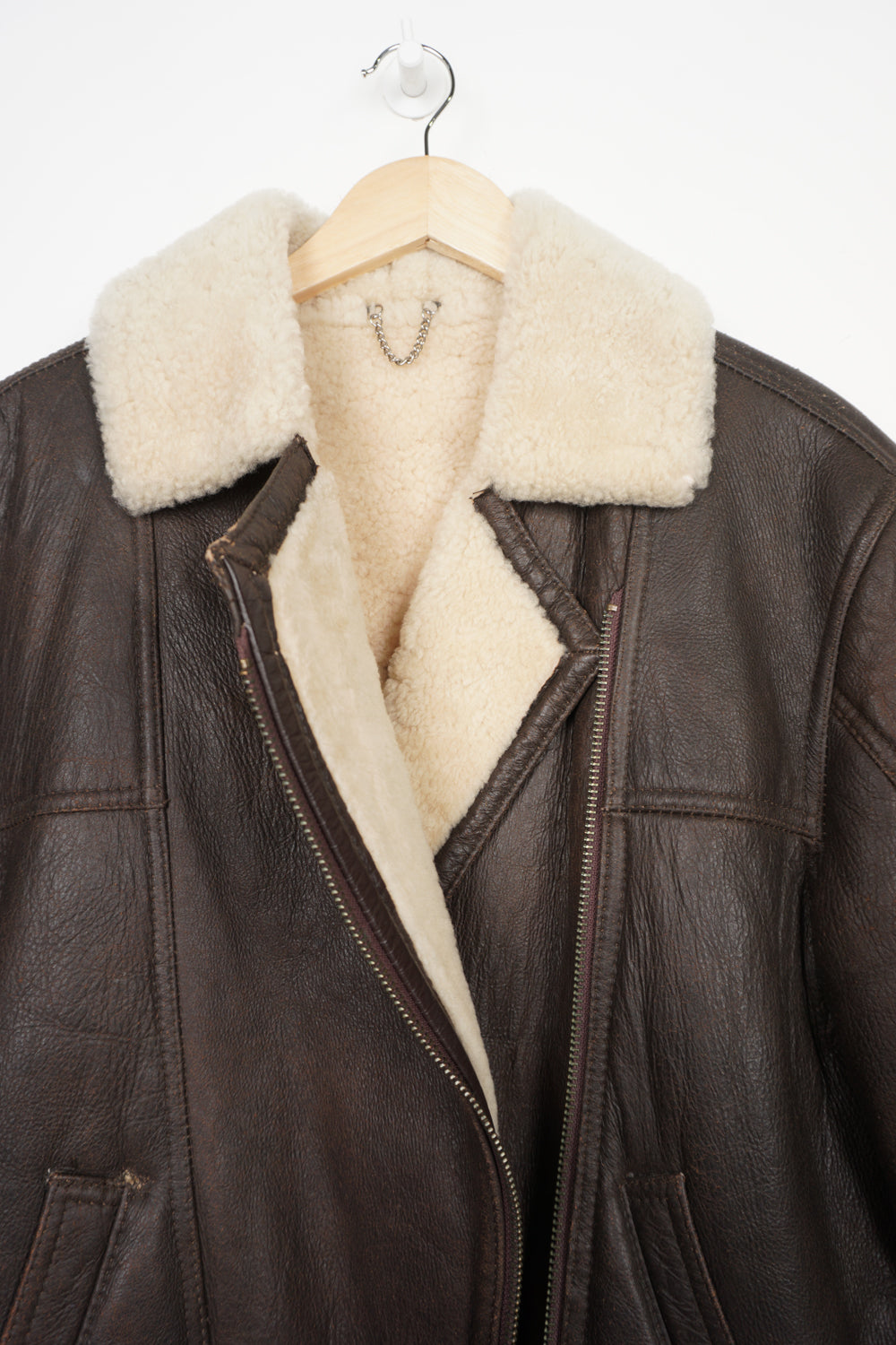 Dark brown Lakeland shearling aviator style leather jacket with buckle details