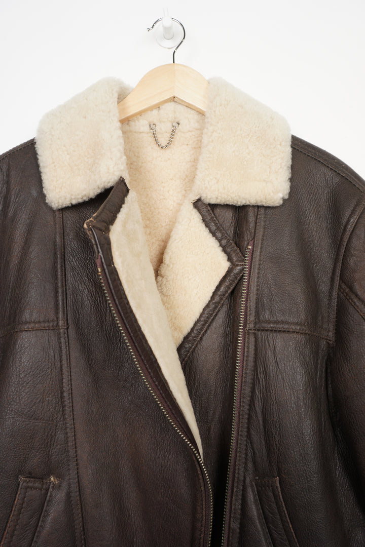 Dark brown Lakeland shearling aviator style leather jacket with buckle details