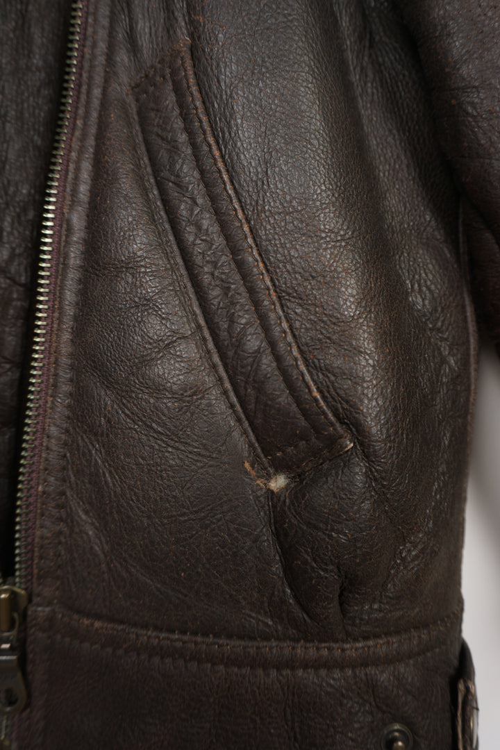 Dark brown Lakeland shearling aviator style leather jacket with buckle details