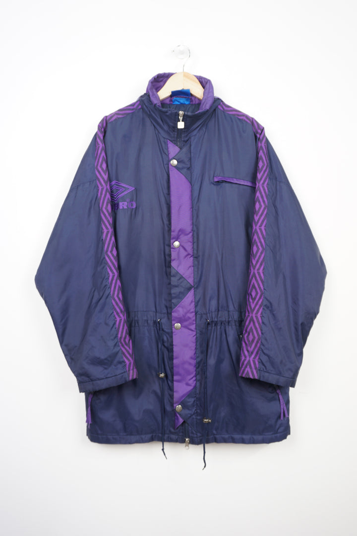 Vintage purple and navy blue zip through Umbro coat with embroidered logo on the chest and foldaway hood