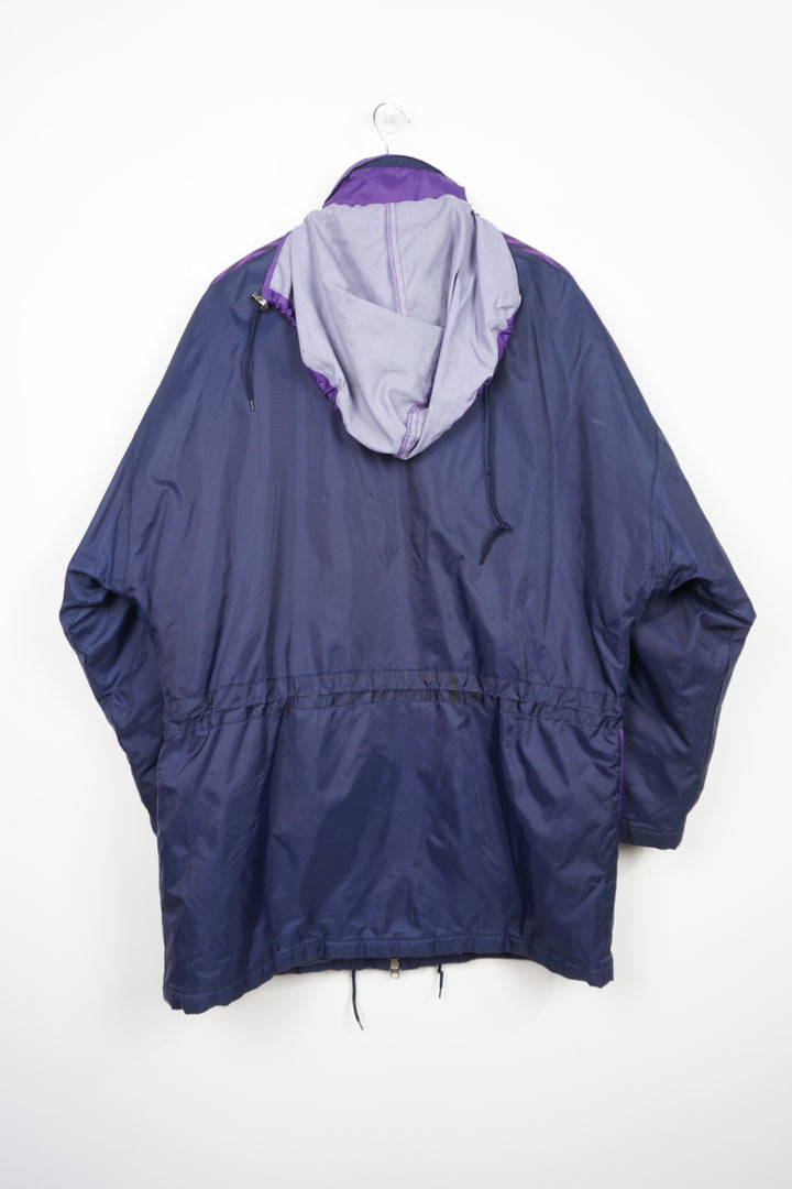 Vintage purple and navy blue zip through Umbro coat with embroidered logo on the chest and foldaway hood