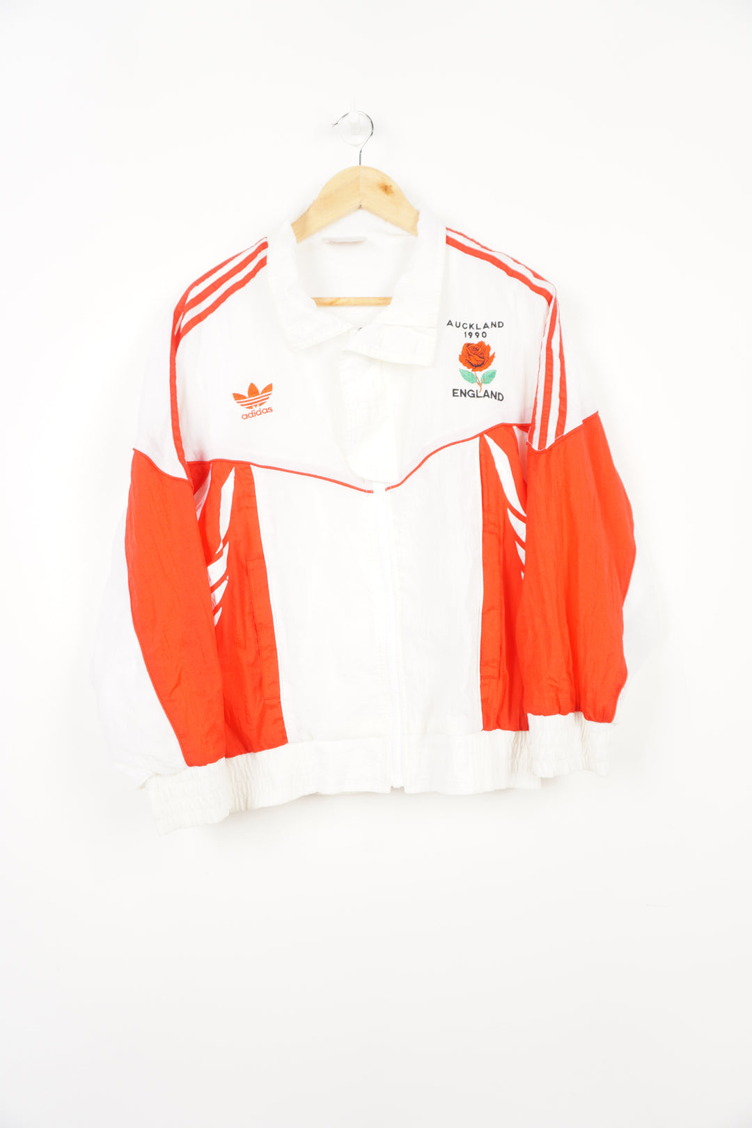 Vintage 1990's Adidas England rugby team red and white shell jacket with embroidered logo on the chest 