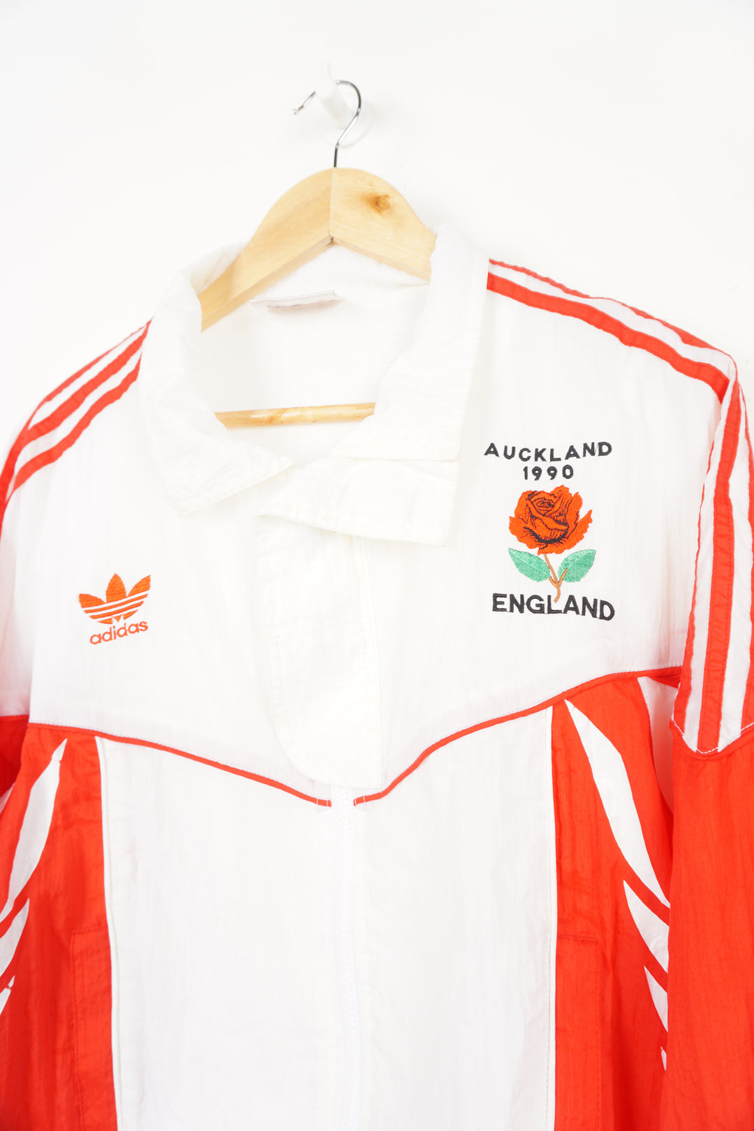 Vintage 1990's Adidas England rugby team red and white shell jacket with embroidered logo on the chest 