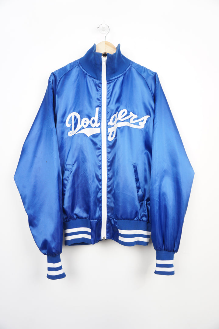 Vintage 1960's Los Angeles Dodgers blue satin baseball jacket with embroidered spell-out on the front 