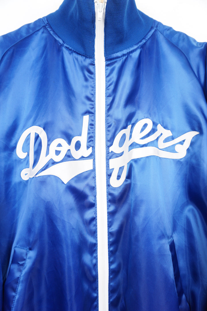 Vintage 1960's Los Angeles Dodgers blue satin baseball jacket with embroidered spell-out on the front 