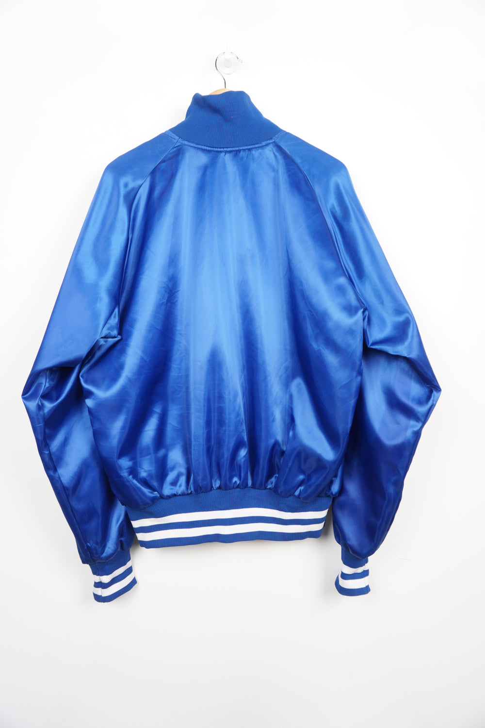 Vintage 1960's Los Angeles Dodgers blue satin baseball jacket with embroidered spell-out on the front 