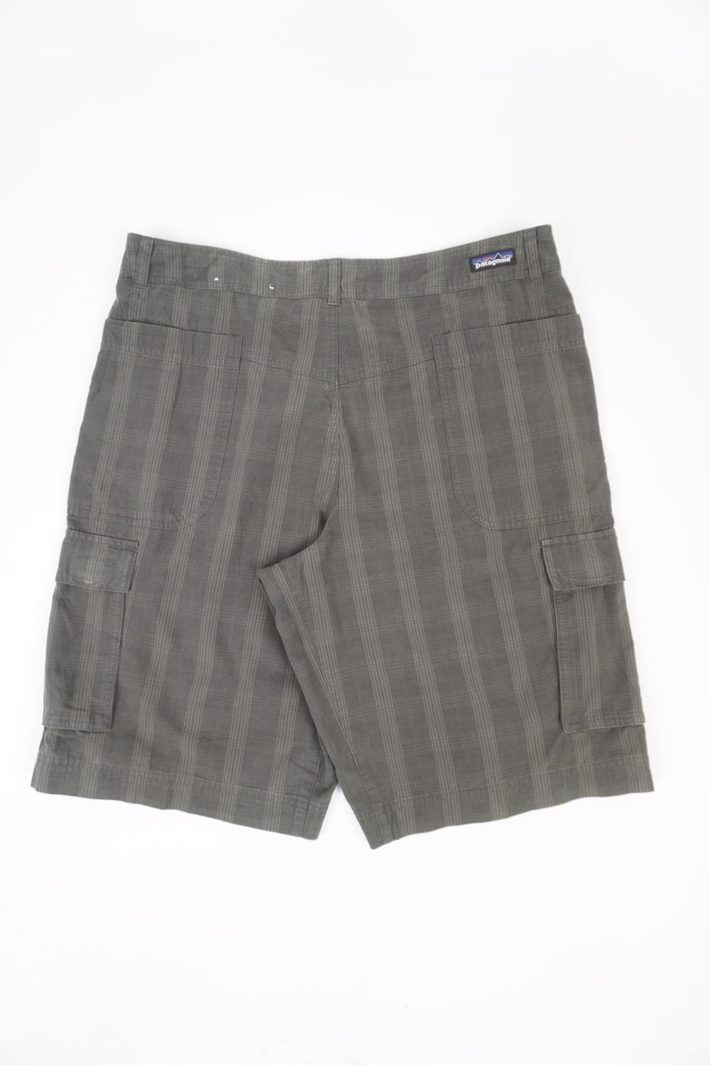 Patagonia grey / khaki green cotton shorts with embroidered logo on the waistband and cargo style pockets