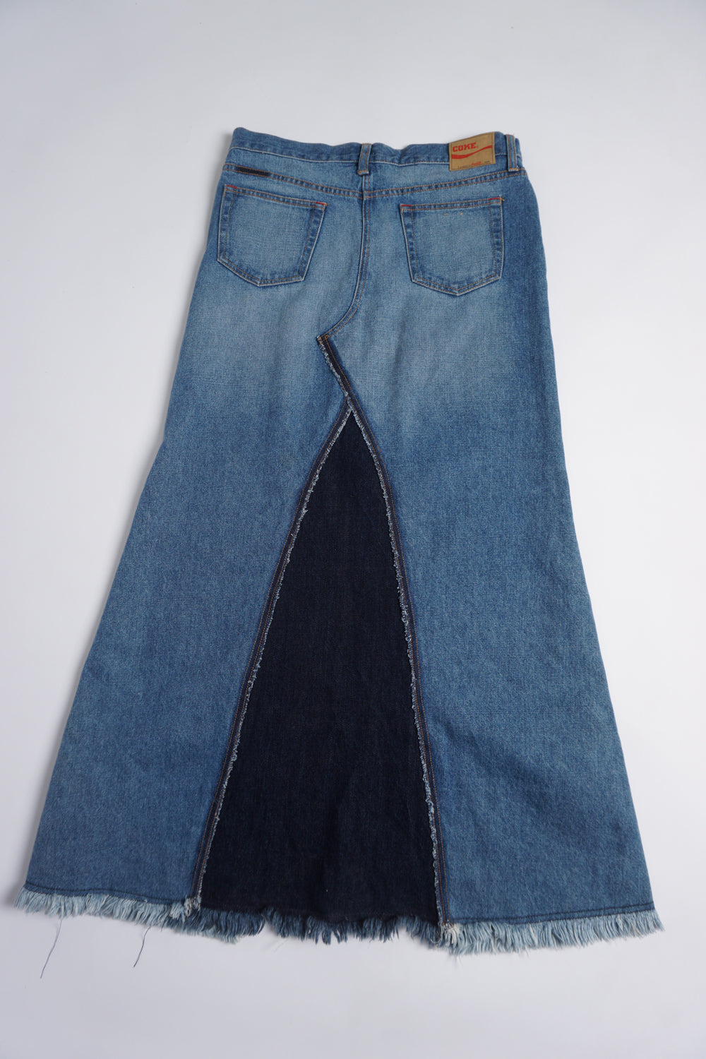 Vintage Coca-Cola blue denim maxi skirt with raw hem and slit in the front 