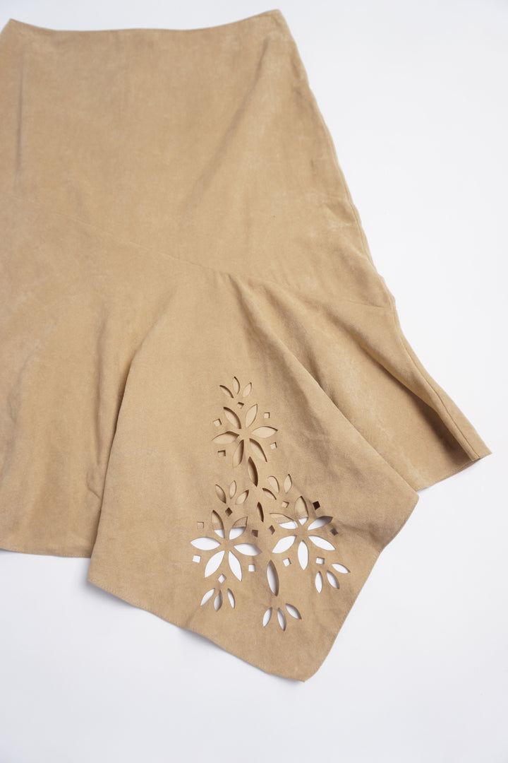 Y2K New Look tan faux suede asymmetric skirt with cut out floral detail