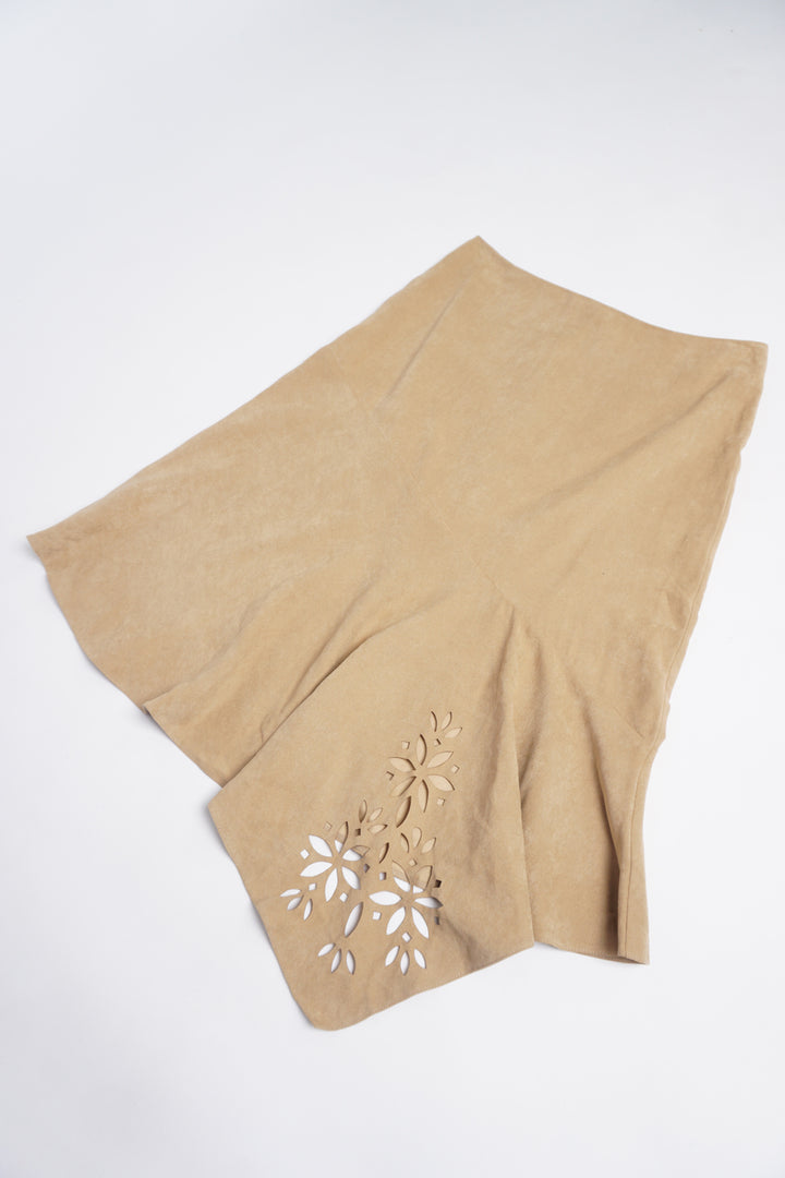 Y2K New Look tan faux suede asymmetric skirt with cut out floral detail