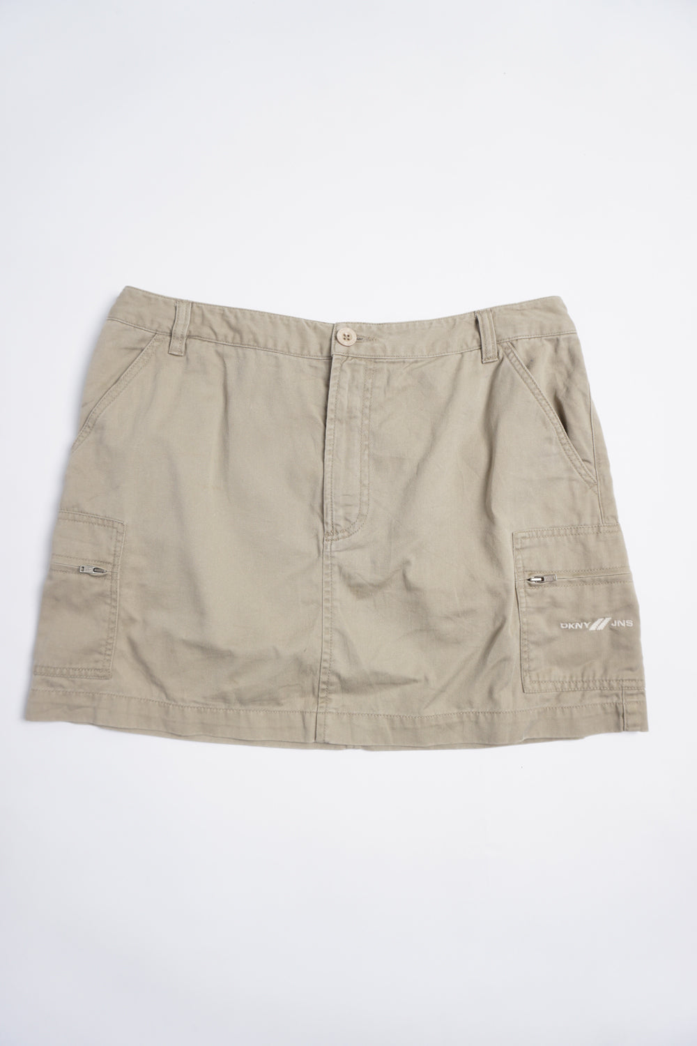 Y2K DKNY khaki green/tan cotton low rise mini skirt with double pockets and embroidered logo