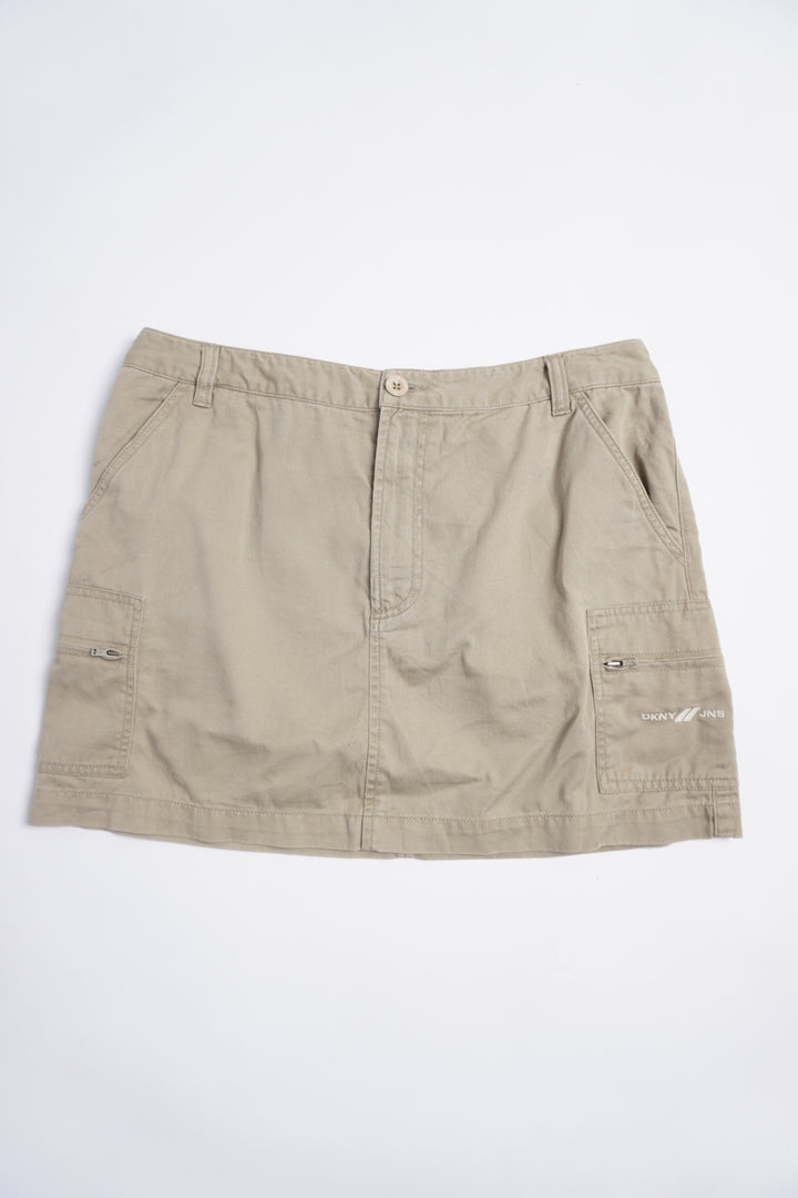 Y2K DKNY khaki green/tan cotton low rise mini skirt with double pockets and embroidered logo