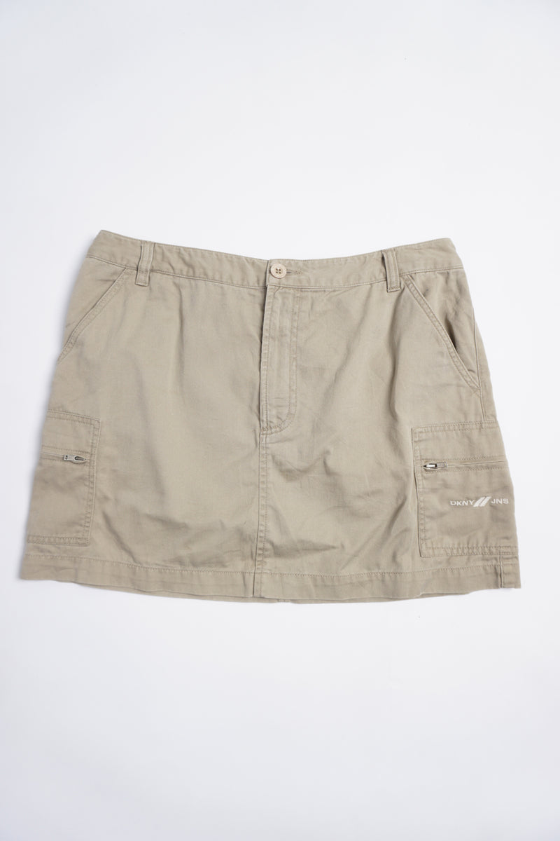 Y2K DKNY khaki green/tan cotton low rise mini skirt with double pockets and embroidered logo