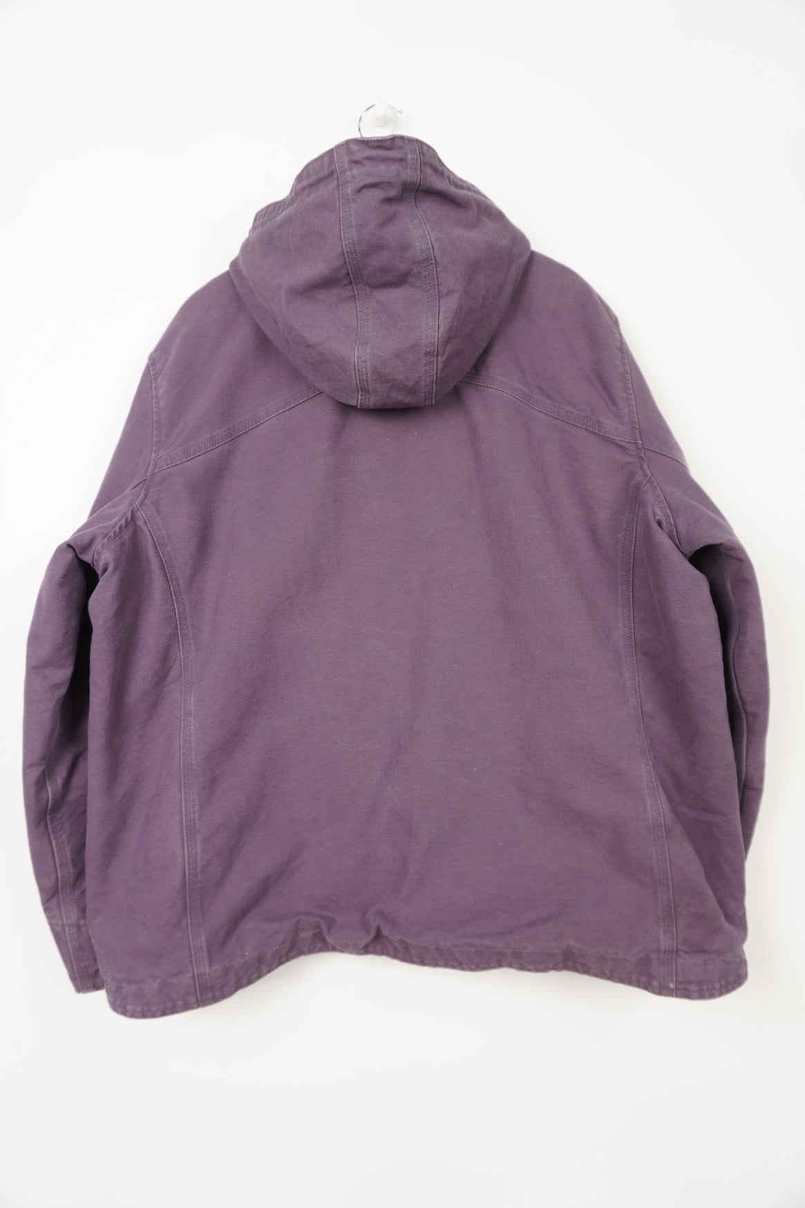 Purple heavy duty cotton hooded Carhartt jacket with embroidered logo on the pocket and fleece lining