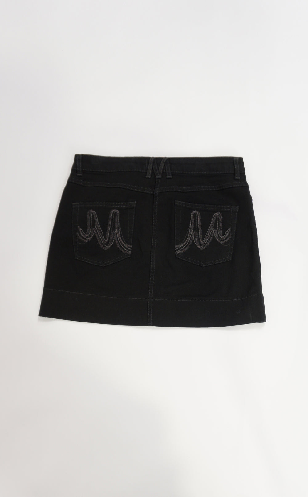 Vintage Y2K Morgan all black denim mini skirt with embroidered details on the back pockets