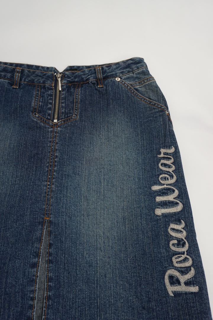 Vintage Y2K Roca Wear denim skirt with small slit in the front and embroidered spell-out detail down the front