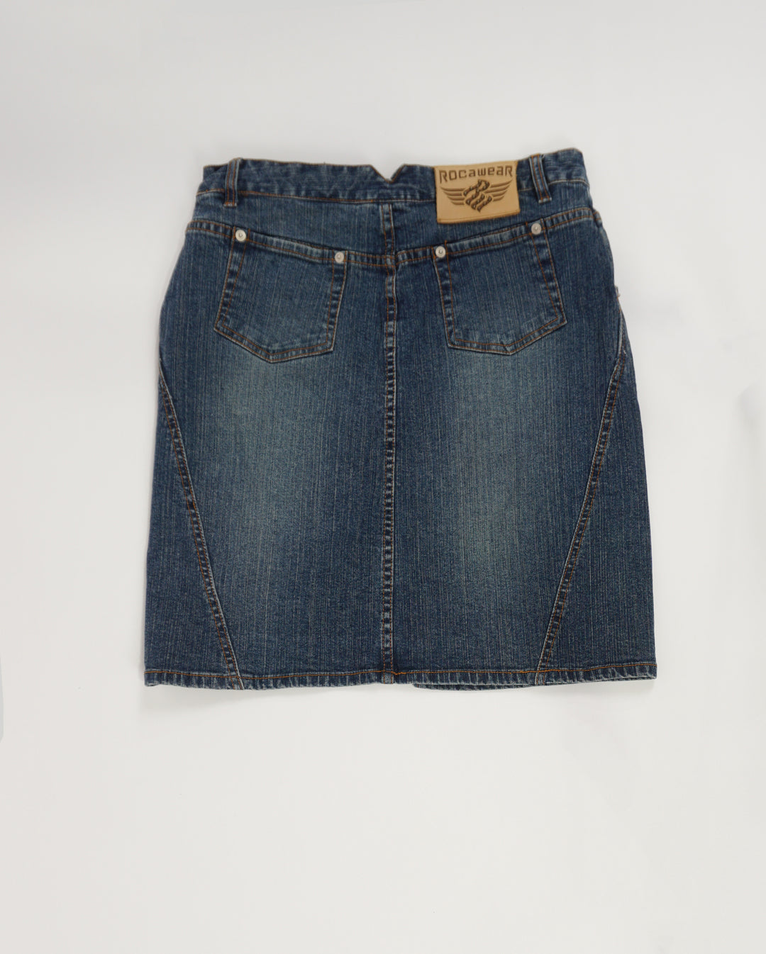 Vintage Y2K Roca Wear denim skirt with small slit in the front and embroidered spell-out detail down the front