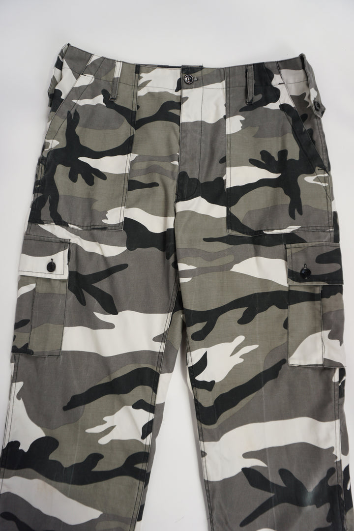 Vintage black, white and grey camoflauge cargo trousers with multiple pockets 