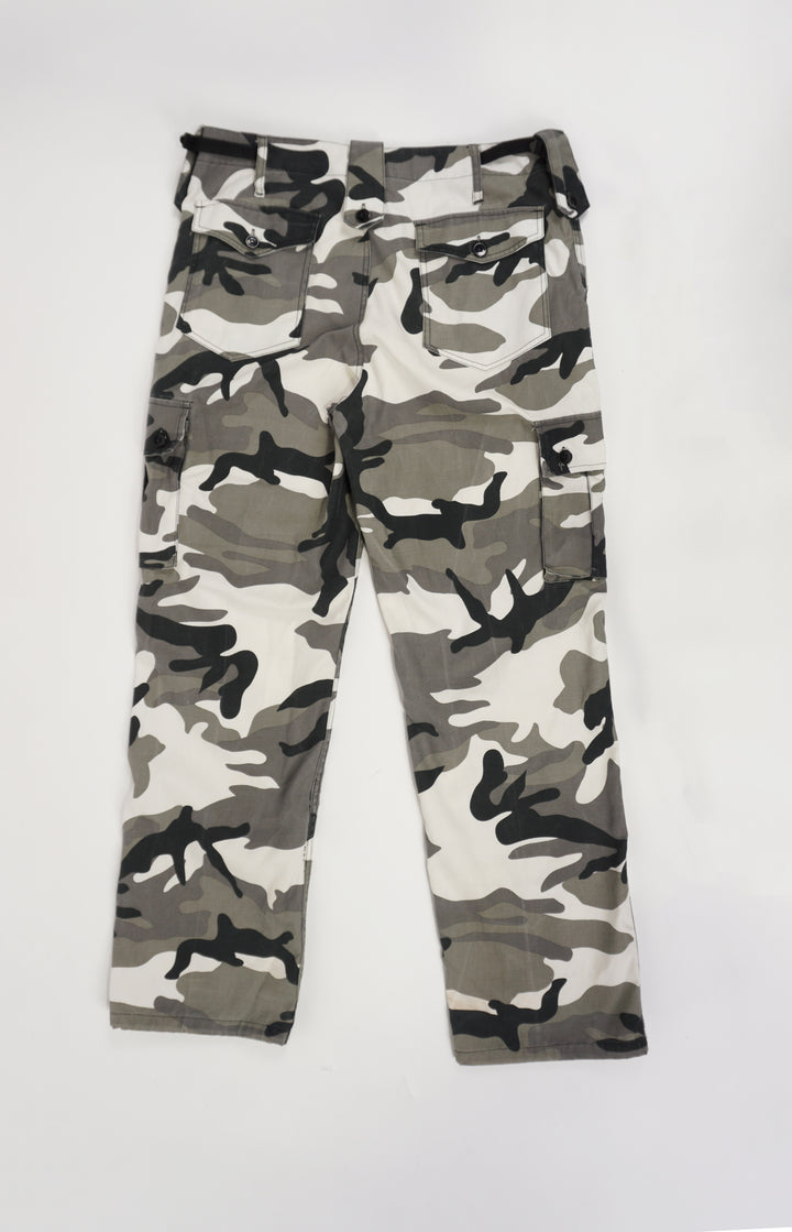 Vintage black, white and grey camoflauge cargo trousers with multiple pockets 