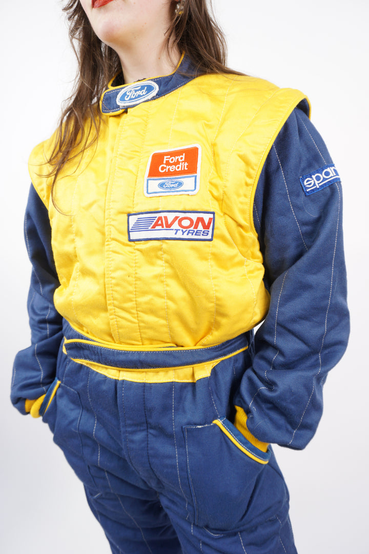 Vintage 1994 Sparco x Ford blue and yellow zip up overalls with embroidered sponsors